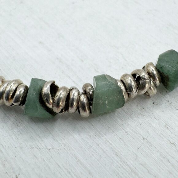 Vintage 950 Silver Nephrite Jade Stone Bead Bohemian Dainty Bracelet 5.7g 7” - Picture 8 of 12